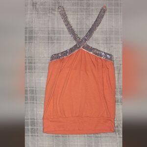 Orange Sequin Halter Tank Top
